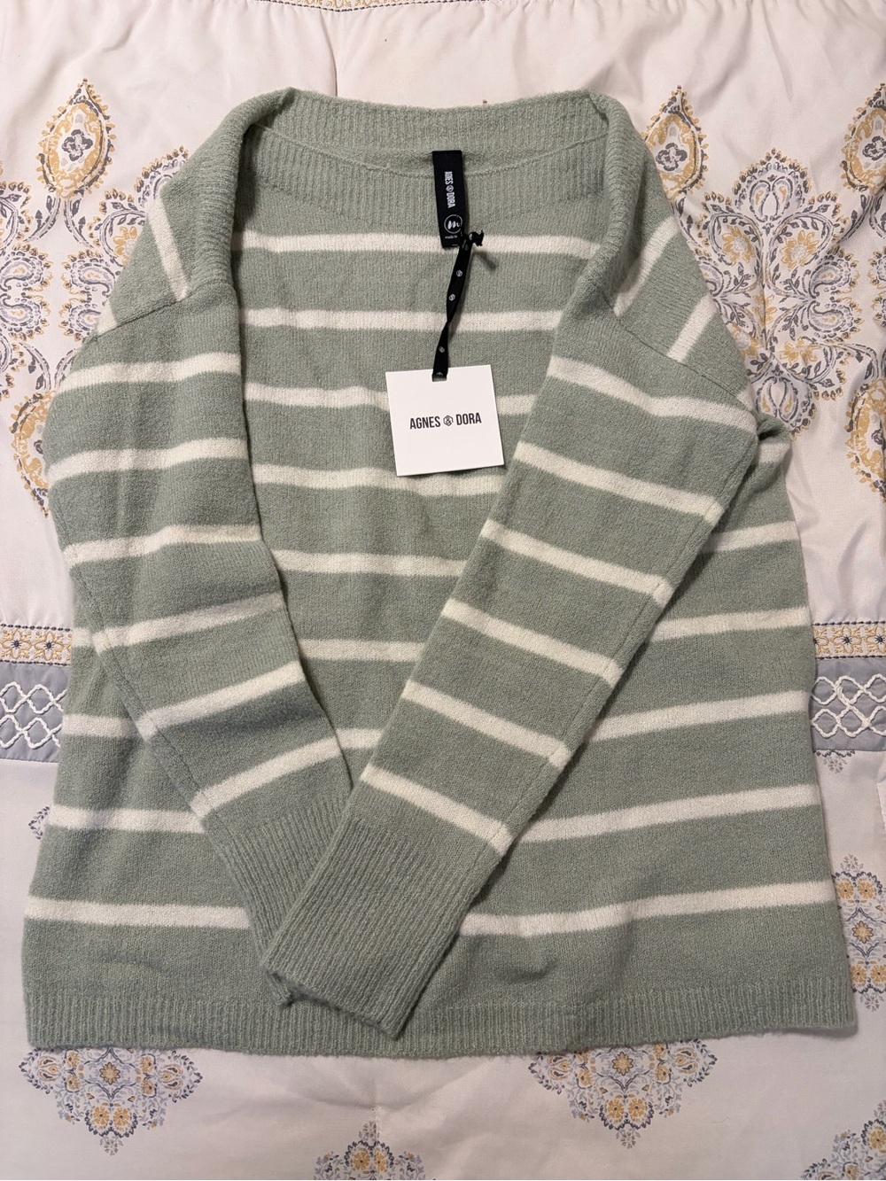 Agnes & Dora Sage Green and White Striped Crewneck Sweater